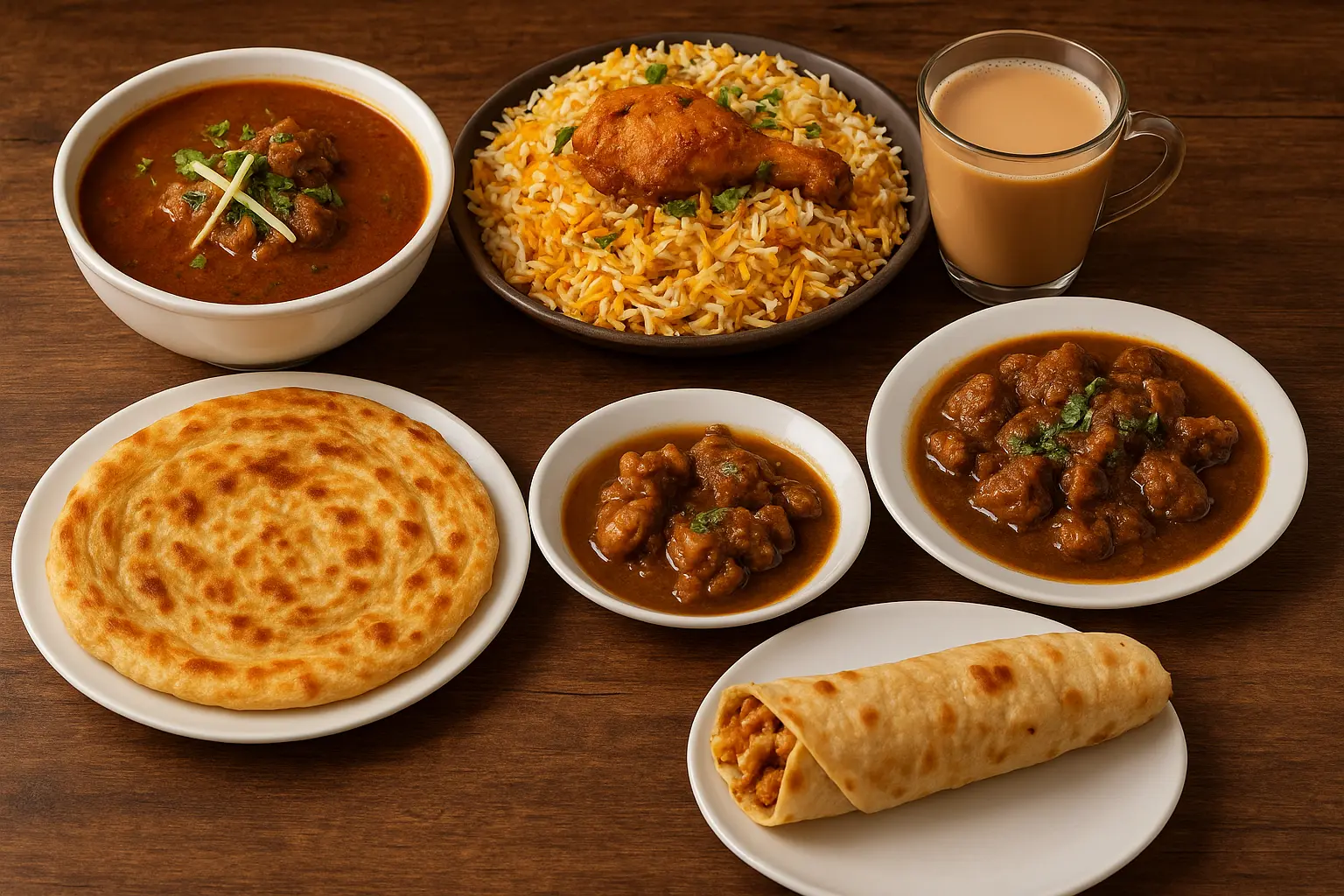 A spread of Pakistani dishes: curry, biryani, chai, paratha and a roll